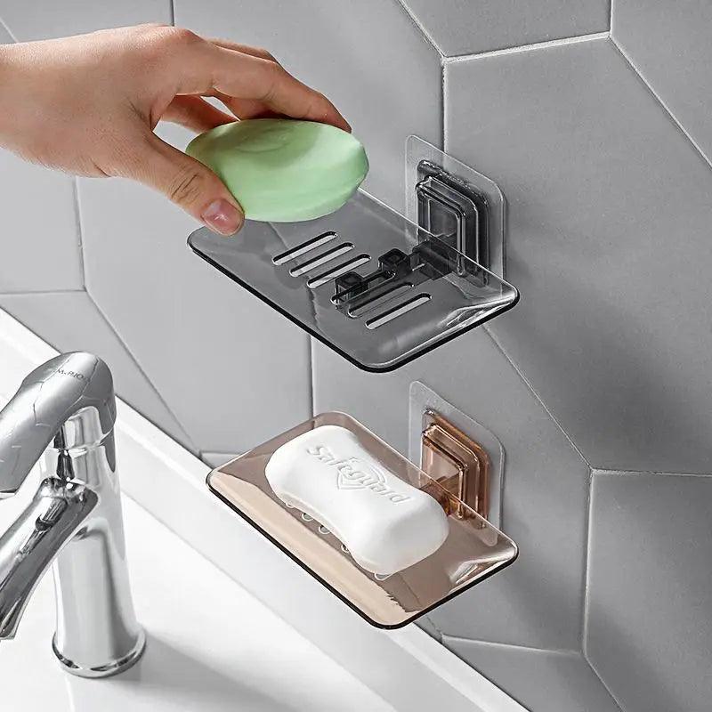 Soap Rack No Drilling Wall Mounted Double Layer Soap Holder Soap Sponge Dish Bathroom Accessories Soap Dishes Self Adhesive Shower Soap Saver Holder Stand Bathroom Bar Soap Case Adhesive Kitchen Sink Sponge Holder Drainer Wall Soap Dish Container