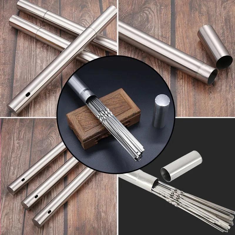 Stainless Steel Barbeque Skewer Storage Tube Reusable Grill Sticks Flat BBQ Fork BBQ Utensil Kitchen Outdoor Camping Accessories Kebab Skewers with Portable Metal Storage Tube Reusable for Grilling Barbecue Kitchen Party and Outdoor Cooking