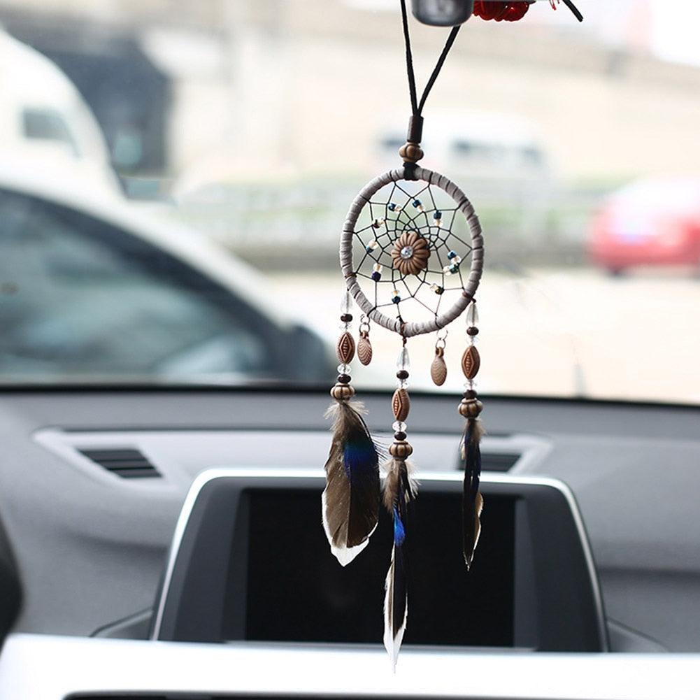 Stylish Hangings Dream Catcher Interior Rear-view Mirror Hanging Decor Car Pendant Grids Nature Feather Wind Chimes Round Ring Circle Handmade Home Decorations Handcrafts Car Charms Pendant Accessories