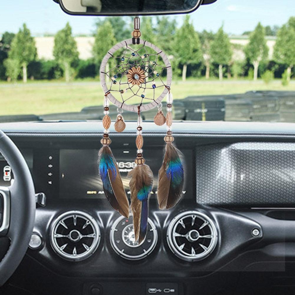 Stylish Hangings Dream Catcher Interior Rear-view Mirror Hanging Decor Car Pendant Grids Nature Feather Wind Chimes Round Ring Circle Handmade Home Decorations Handcrafts Car Charms Pendant Accessories