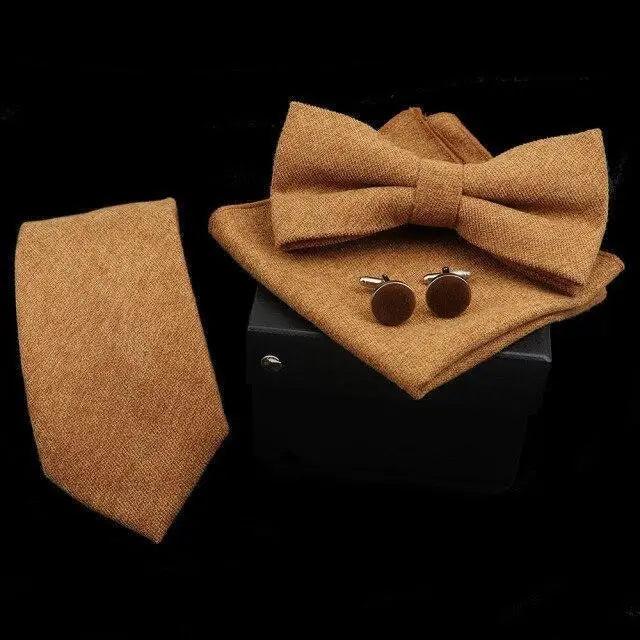 Stylish Solid Color Polyester Tie Bowtie Handkerchief Cufflinks Set For Men Butterfly Wedding Party Necktie Men's Fashion Bowtie