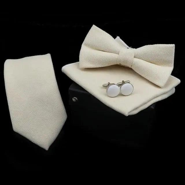 Stylish Solid Color Polyester Tie Bowtie Handkerchief Cufflinks Set For Men Butterfly Wedding Party Necktie Men's Fashion Bowtie