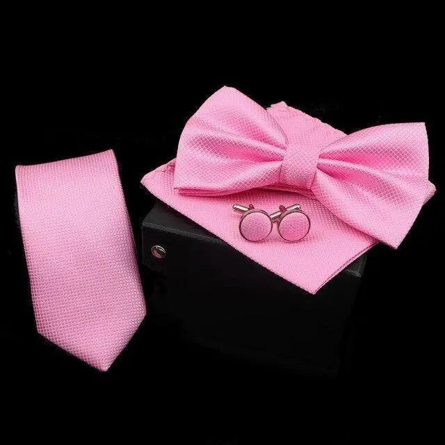 Stylish Solid Color Polyester Tie Bowtie Handkerchief Cufflinks Set For Men Butterfly Wedding Party Necktie Men's Fashion Bowtie