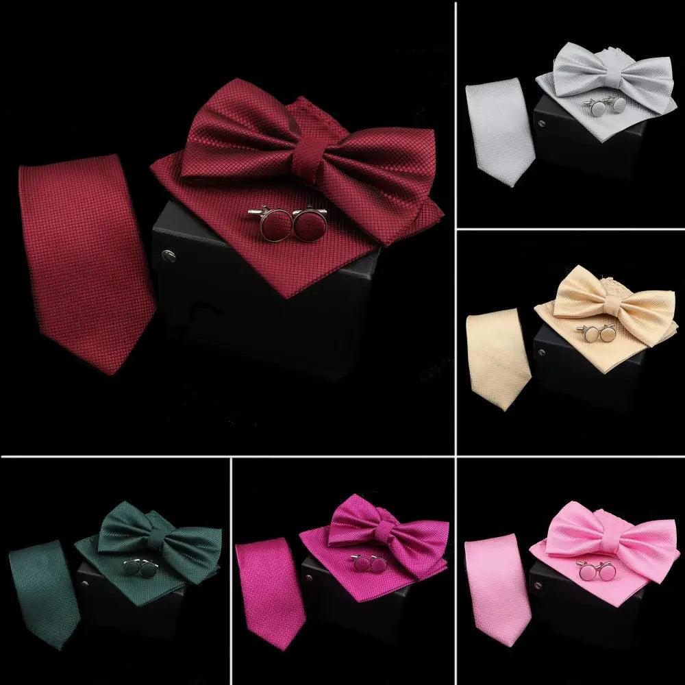 Stylish Solid Color Polyester Tie Bowtie Handkerchief Cufflinks Set For Men Butterfly Wedding Party Necktie Men's Fashion Bowtie