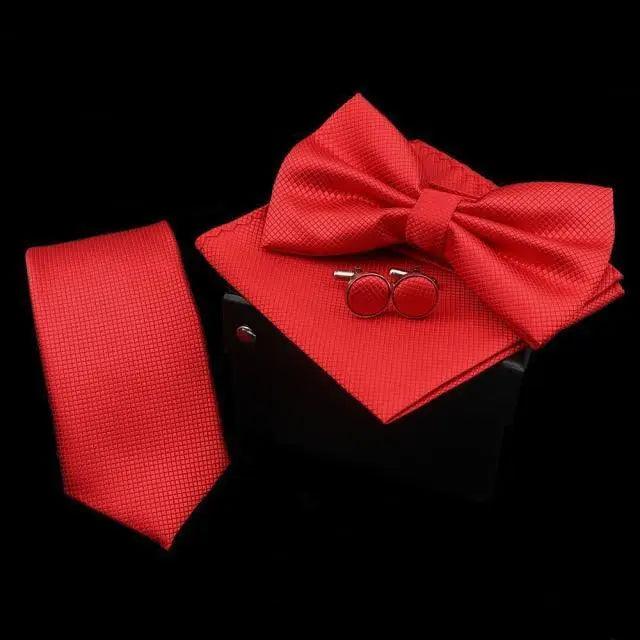 Stylish Solid Color Polyester Tie Bowtie Handkerchief Cufflinks Set For Men Butterfly Wedding Party Necktie Men's Fashion Bowtie