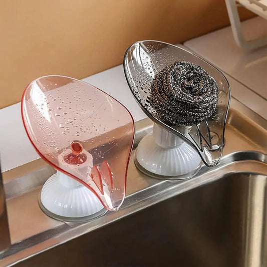Suction Cup Soap Dish Holder Leaf-Shape Self-Draining Soap Saver Box Not Punched for Shower Bathroom Kitchen Soap Dishes Sponge Container with Suction Cup Leaf Shape Self Draining for Bathroom Kitchen Sink