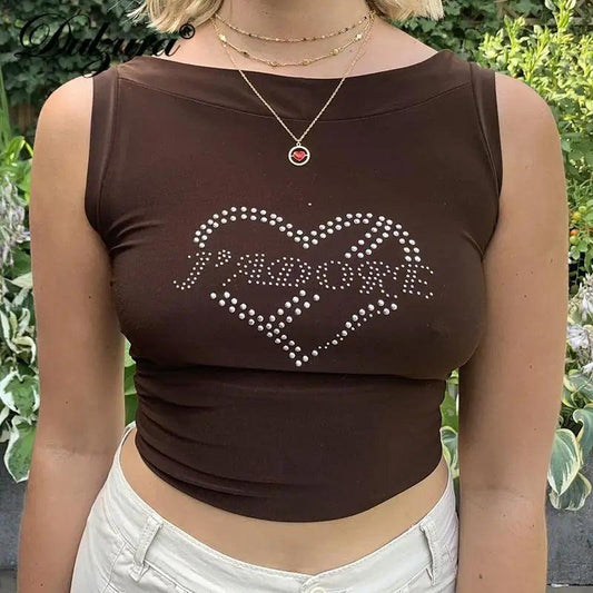 Summer casual cute Heart-Shape Rhinestone O Neck Tank Crop Top Sexy cute women's fashion tops