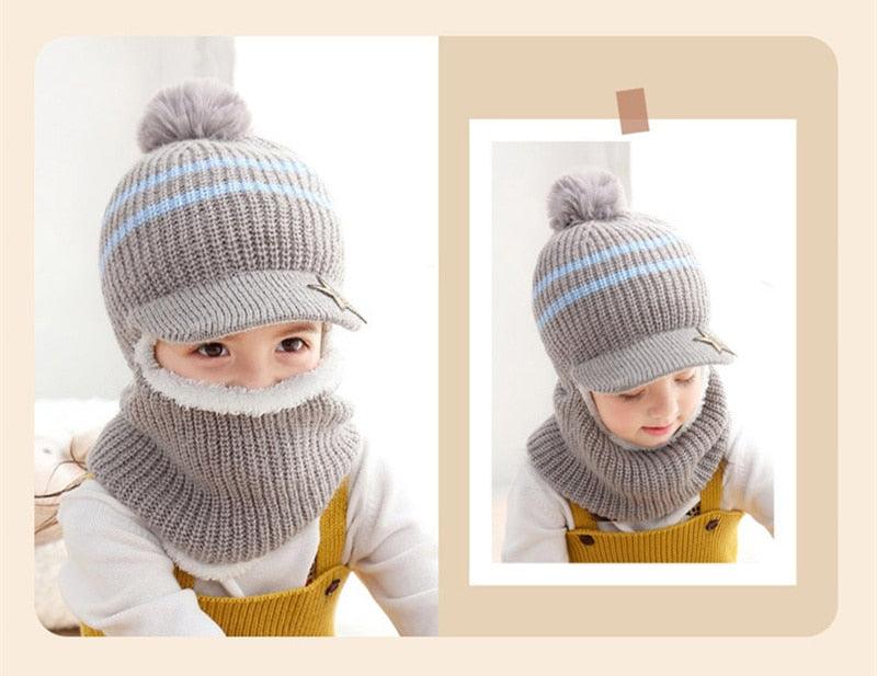 Thick Knitted Acrylic Winter Beanie Hats For Kids Child Outdoor Warm Balaclava Cap Girls Boys Bib Mask Face Cover Hairball Hat  Beanie Cap Mask Scarf Hat Set Outdoor Sport Warm Beanies Hat For Men Knitted Hats Bandana Hiking Camping Kid Neck Warmer Cap