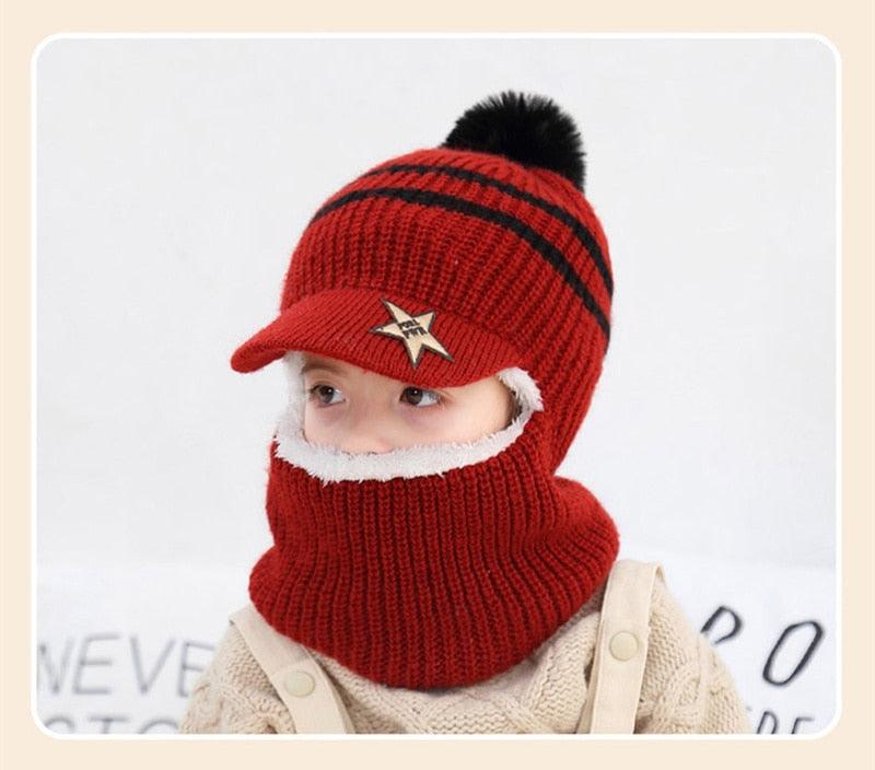 Thick Knitted Acrylic Winter Beanie Hats For Kids Child Outdoor Warm Balaclava Cap Girls Boys Bib Mask Face Cover Hairball Hat  Beanie Cap Mask Scarf Hat Set Outdoor Sport Warm Beanies Hat For Men Knitted Hats Bandana Hiking Camping Kid Neck Warmer Cap