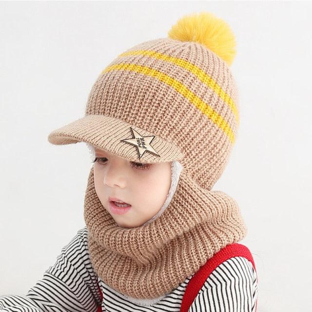 Thick Knitted Acrylic Winter Beanie Hats For Kids Child Outdoor Warm Balaclava Cap Girls Boys Bib Mask Face Cover Hairball Hat  Beanie Cap Mask Scarf Hat Set Outdoor Sport Warm Beanies Hat For Men Knitted Hats Bandana Hiking Camping Kid Neck Warmer Cap