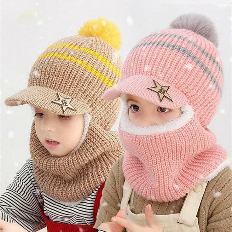 Thick Knitted Acrylic Winter Beanie Hats For Kids Child Outdoor Warm Balaclava Cap Girls Boys Bib Mask Face Cover Hairball Hat  Beanie Cap Mask Scarf Hat Set Outdoor Sport Warm Beanies Hat For Men Knitted Hats Bandana Hiking Camping Kid Neck Warmer Cap