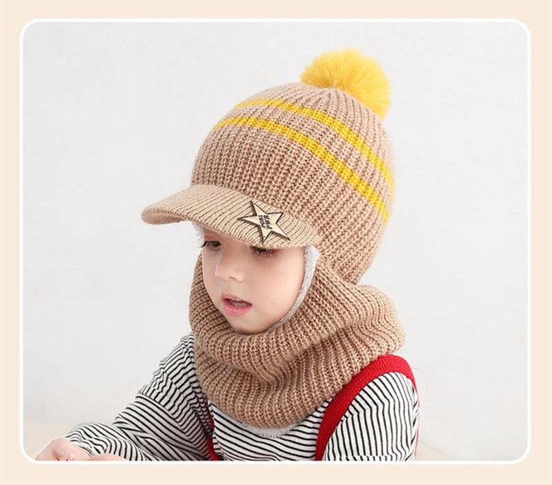 Thick Knitted Acrylic Winter Beanie Hats For Kids Child Outdoor Warm Balaclava Cap Girls Boys Bib Mask Face Cover Hairball Hat  Beanie Cap Mask Scarf Hat Set Outdoor Sport Warm Beanies Hat For Men Knitted Hats Bandana Hiking Camping Kid Neck Warmer Cap