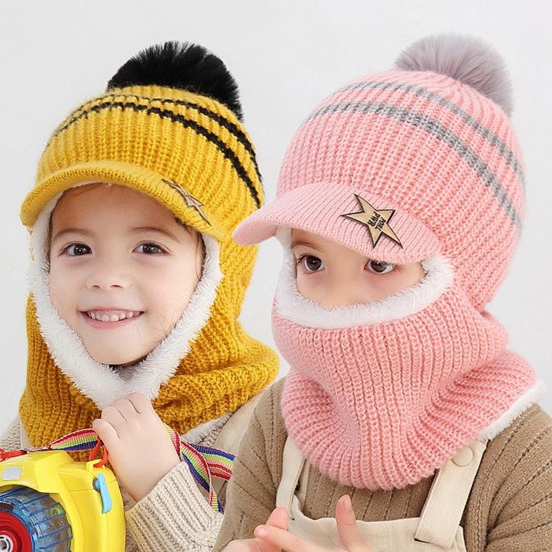 Thick Knitted Acrylic Winter Beanie Hats For Kids Child Outdoor Warm Balaclava Cap Girls Boys Bib Mask Face Cover Hairball Hat  Beanie Cap Mask Scarf Hat Set Outdoor Sport Warm Beanies Hat For Men Knitted Hats Bandana Hiking Camping Kid Neck Warmer Cap