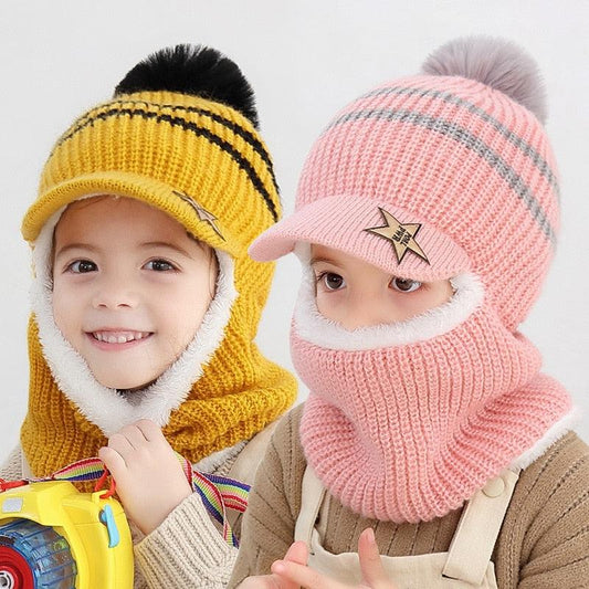Thick Knitted Acrylic Winter Beanie Hats For Kids Child Outdoor Warm Balaclava Cap Girls Boys Bib Mask Face Cover Hairball Hat  Beanie Cap Mask Scarf Hat Set Outdoor Sport Warm Beanies Hat For Men Knitted Hats Bandana Hiking Camping Kid Neck Warmer Cap