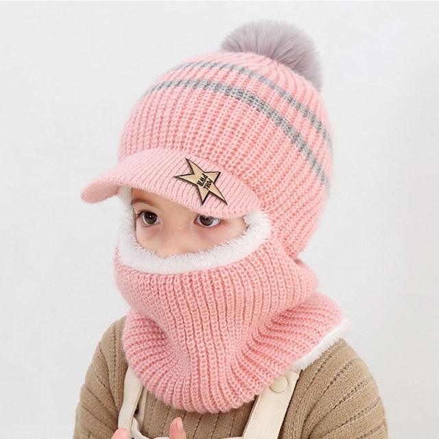 Thick Knitted Acrylic Winter Beanie Hats For Kids Child Outdoor Warm Balaclava Cap Girls Boys Bib Mask Face Cover Hairball Hat  Beanie Cap Mask Scarf Hat Set Outdoor Sport Warm Beanies Hat For Men Knitted Hats Bandana Hiking Camping Kid Neck Warmer Cap