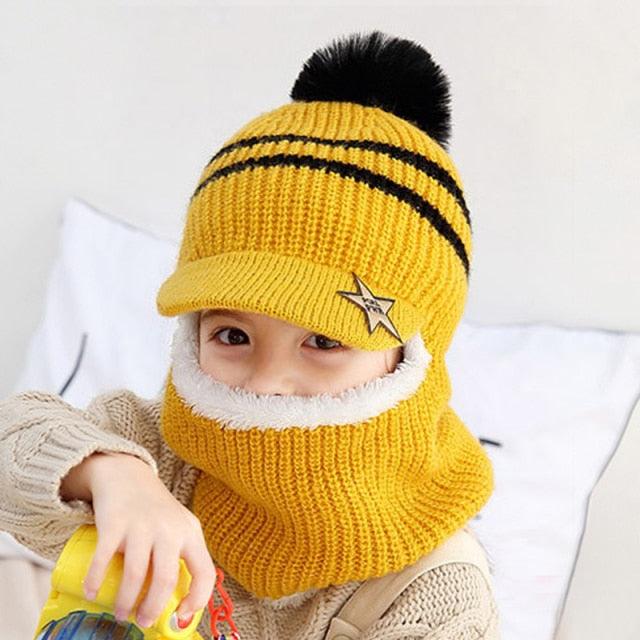 Thick Knitted Acrylic Winter Beanie Hats For Kids Child Outdoor Warm Balaclava Cap Girls Boys Bib Mask Face Cover Hairball Hat  Beanie Cap Mask Scarf Hat Set Outdoor Sport Warm Beanies Hat For Men Knitted Hats Bandana Hiking Camping Kid Neck Warmer Cap