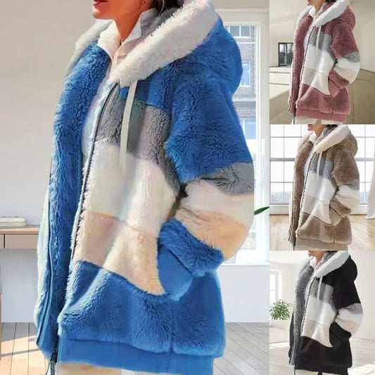 Plus Size Jacket Women Autumn Winter Long Sleeve Color Block Zipper Fluff Hooded Warm Coat Jacket