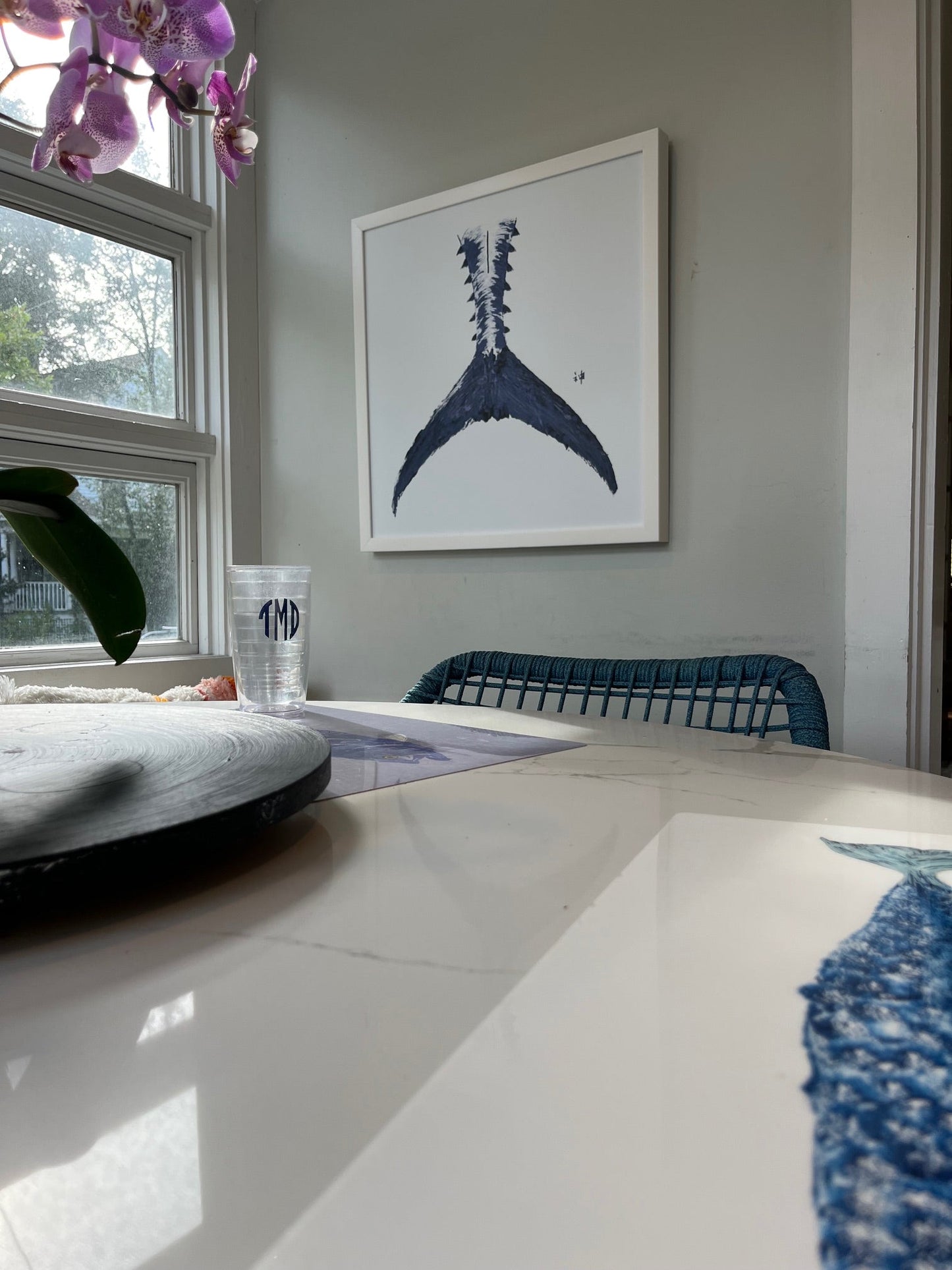 FishTail Caribbean Blue on White Framed Canvas