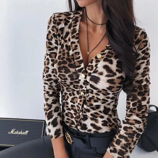 Unique Design Women's Snakeskin Leopard Print Blouse Ladies Casual Long Sleeve V-neck Button Down Bodycon Slim Fit Tops