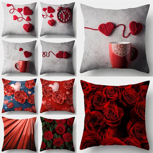 Valentines Day Red Heart And Flowers Pillow Cover Decorative Cushion Case Home Decor Sofa Couch Bedroom Car Flower Pillow Covers Love Pillow Covers Decorative Linen Square Throw Pillow Covers Couple Cushion Cases Home Decor for Sofa Bedroom Car  45x45cm