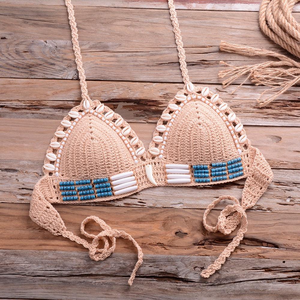 Vintage Blue Bikinis 2 Piece Halter Bikini Set Women High Waist Sequin Swimsuit  Set Handmade Crochet High Quality Swimsuit Women Push Up Swimwear Knitted Beach Wear Bathing Suit