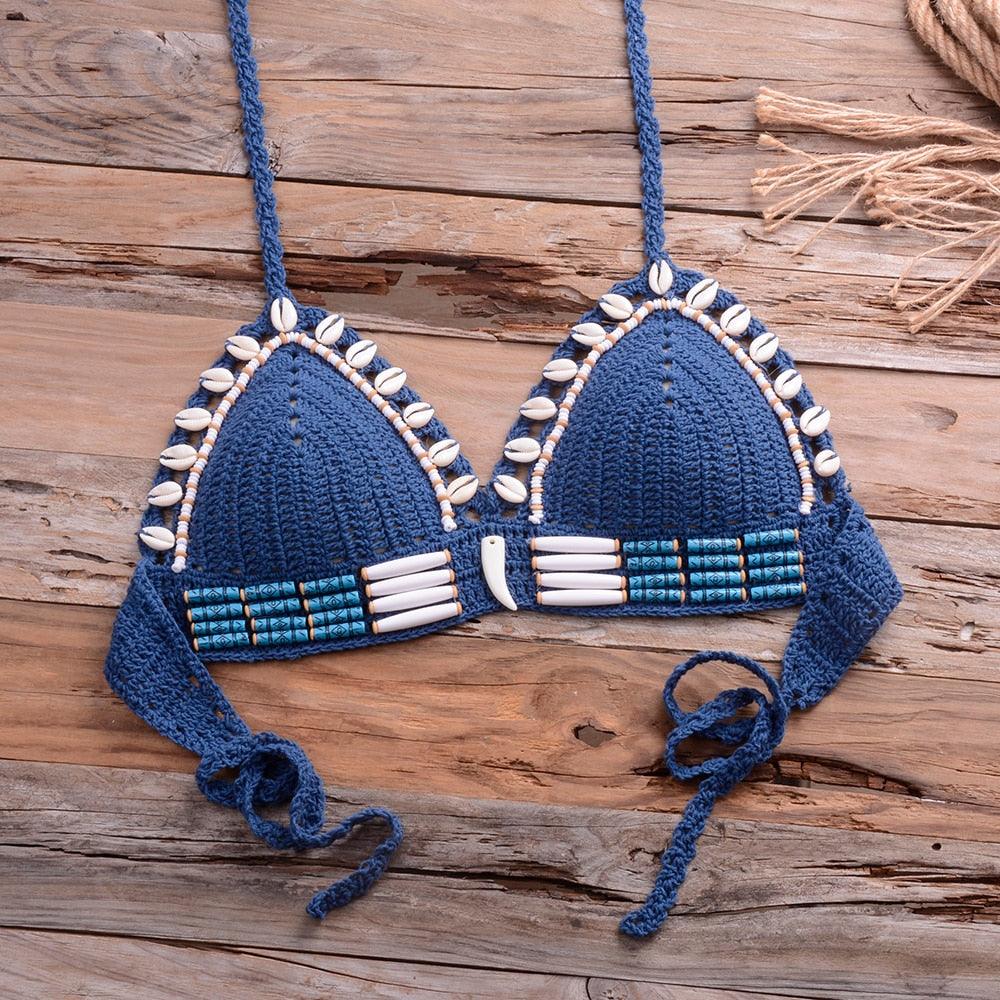 Vintage Blue Bikinis 2 Piece Halter Bikini Set Women High Waist Sequin Swimsuit  Set Handmade Crochet High Quality Swimsuit Women Push Up Swimwear Knitted Beach Wear Bathing Suit