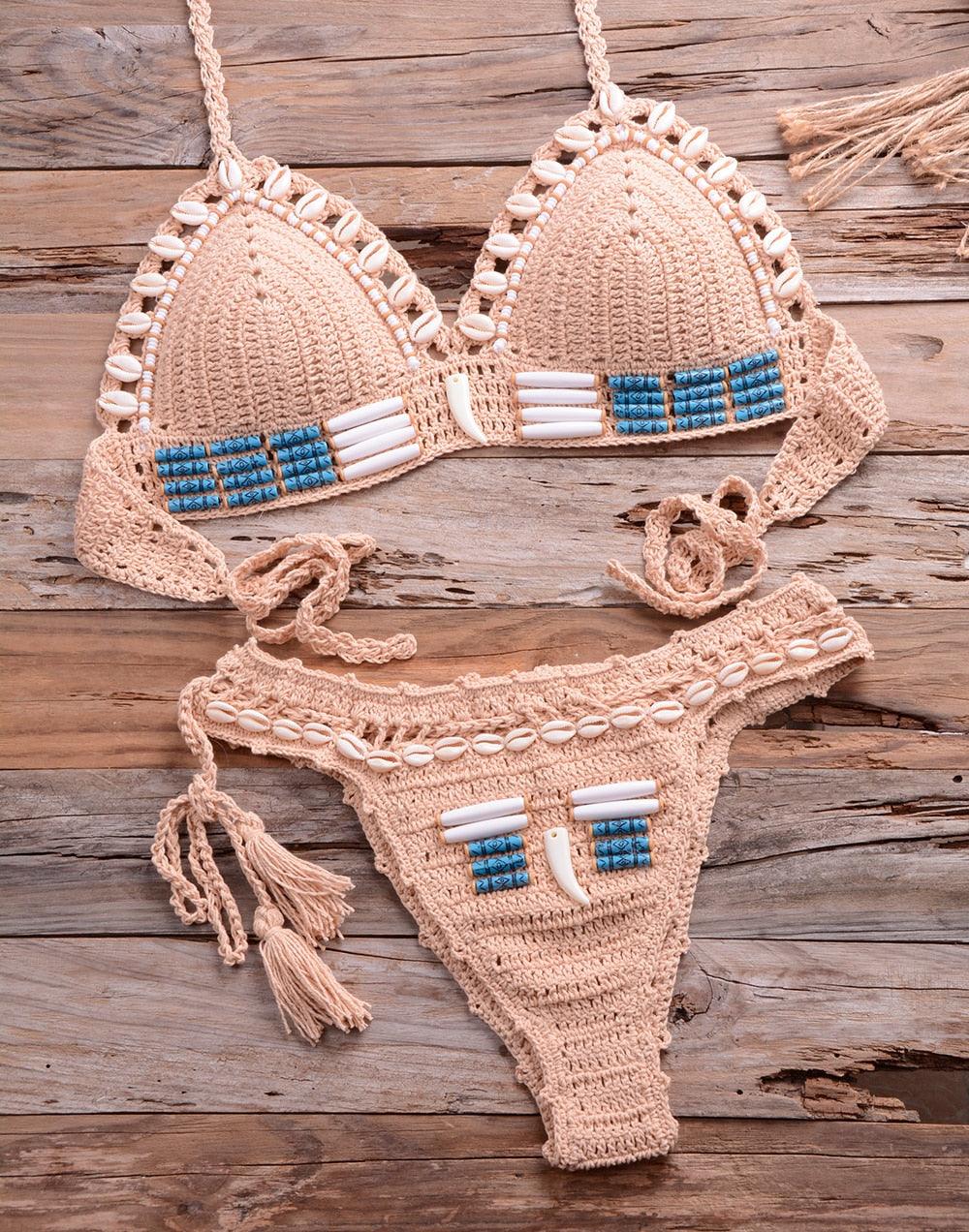 Vintage Blue Bikinis 2 Piece Halter Bikini Set Women High Waist Sequin Swimsuit  Set Handmade Crochet High Quality Swimsuit Women Push Up Swimwear Knitted Beach Wear Bathing Suit