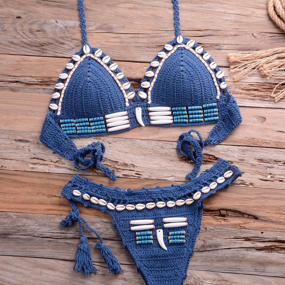 Vintage Blue Bikinis 2 Piece Halter Bikini Set Women High Waist Sequin Swimsuit  Set Handmade Crochet High Quality Swimsuit Women Push Up Swimwear Knitted Beach Wear Bathing Suit