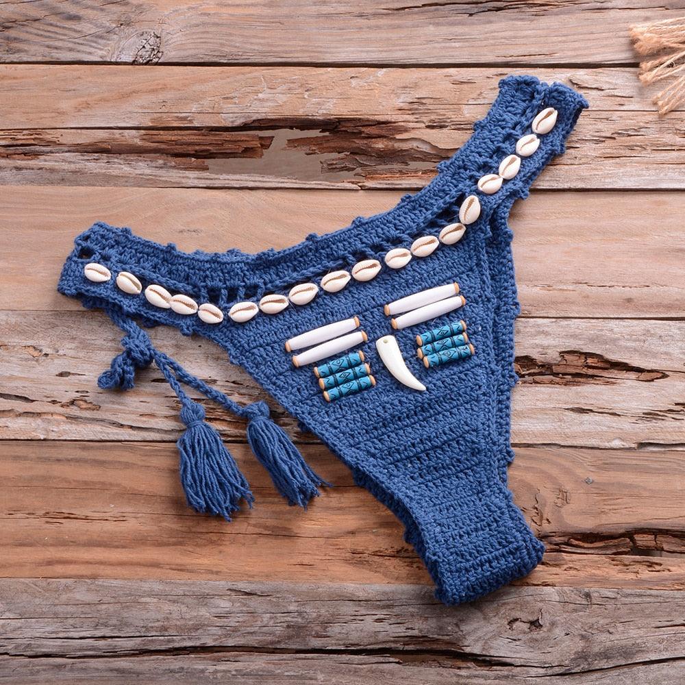 Vintage Blue Bikinis 2 Piece Halter Bikini Set Women High Waist Sequin Swimsuit  Set Handmade Crochet High Quality Swimsuit Women Push Up Swimwear Knitted Beach Wear Bathing Suit