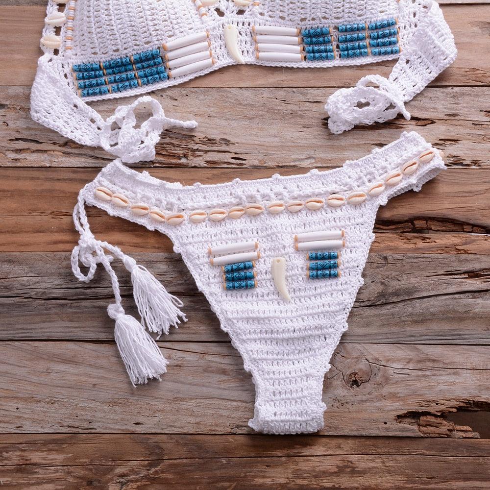 Vintage Blue Bikinis 2 Piece Halter Bikini Set Women High Waist Sequin Swimsuit  Set Handmade Crochet High Quality Swimsuit Women Push Up Swimwear Knitted Beach Wear Bathing Suit