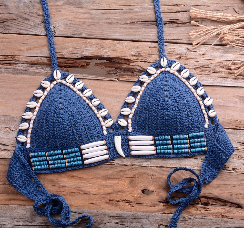 Vintage Blue Bikinis 2 Piece Halter Bikini Set Women High Waist Sequin Swimsuit  Set Handmade Crochet High Quality Swimsuit Women Push Up Swimwear Knitted Beach Wear Bathing Suit