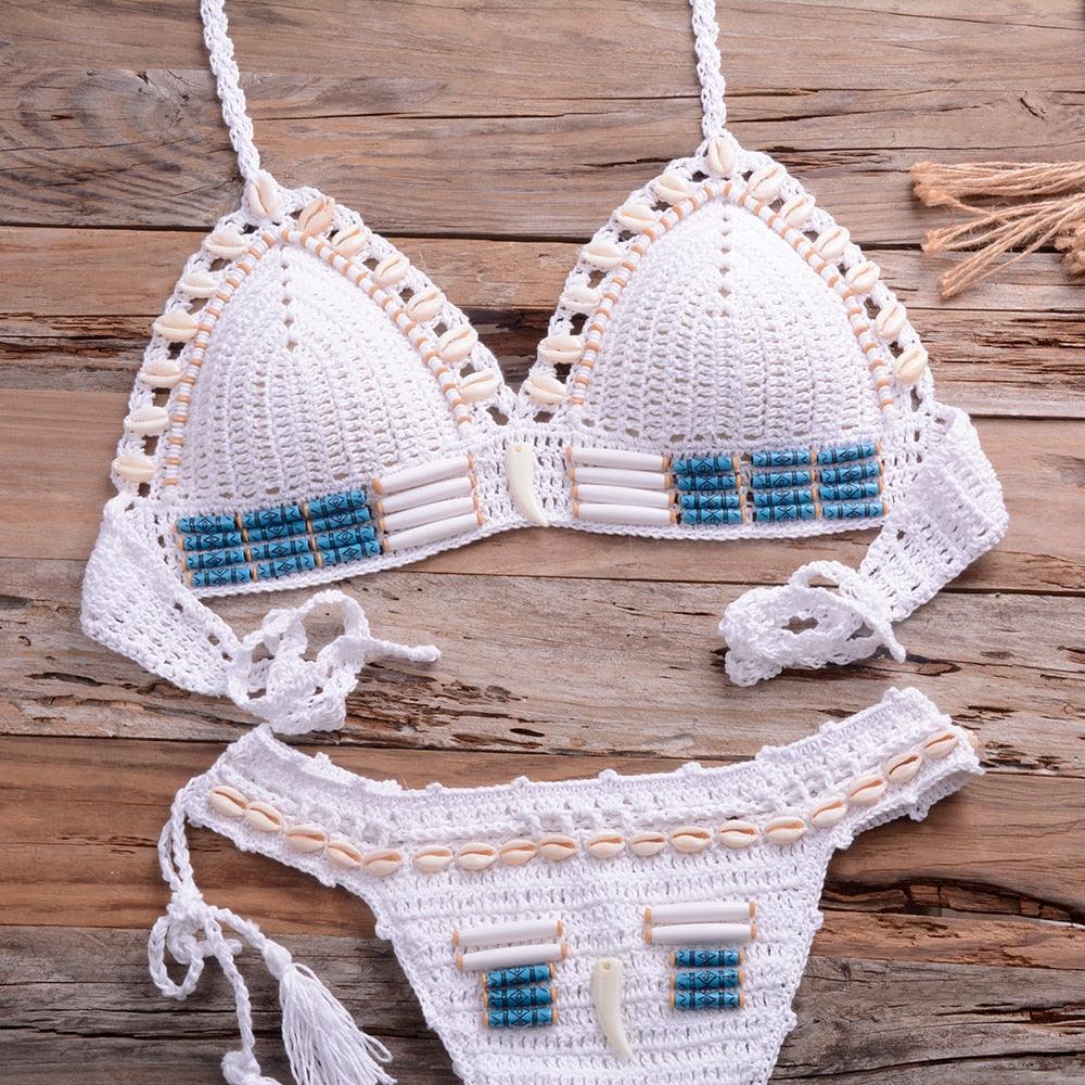 Vintage Blue Bikinis 2 Piece Halter Bikini Set Women High Waist Sequin Swimsuit  Set Handmade Crochet High Quality Swimsuit Women Push Up Swimwear Knitted Beach Wear Bathing Suit