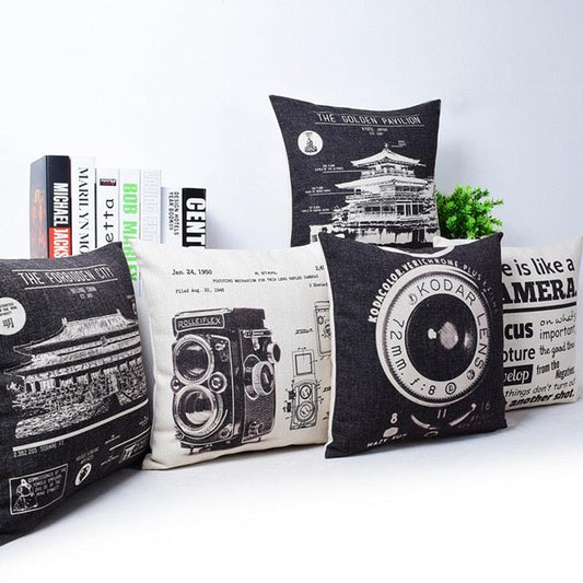 Vintage Style Pillow Covers Camera Newspaper Cushion Cover The Golden Pavilion City Black and Beige Decorative Throw Pillow Old Camera Pillow Cases Cotton Linen Outdoor Indoor Square Cushion Covers for Home Sofa Couch 45X45CM