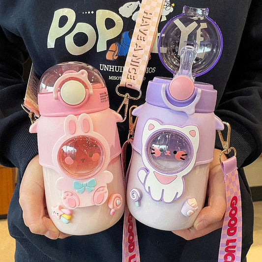 Water Bottle For Children 700ML Cute Stickers With Straw Temperature Kawaii Plastic Cup Portable Student School Bottle Girl Boy Water Bottles with Straw and Strap Cute Water Bottles Cartoon Animal Plastic Drinking Bottle Leakproof Water Bottle
