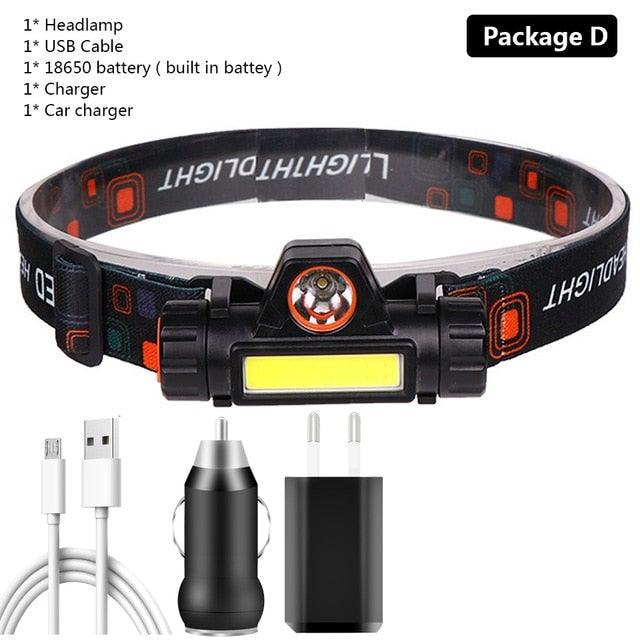 Waterproof 2 Light Mode USB LED Headlight With Magnet Rechargeable Headlamp Built-in 18650 Battery Flashlight  COB Work Light For Outdoor Camping Cycling Fishing Headlamp Flashlight