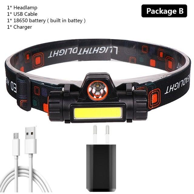 Waterproof 2 Light Mode USB LED Headlight With Magnet Rechargeable Headlamp Built-in 18650 Battery Flashlight  COB Work Light For Outdoor Camping Cycling Fishing Headlamp Flashlight