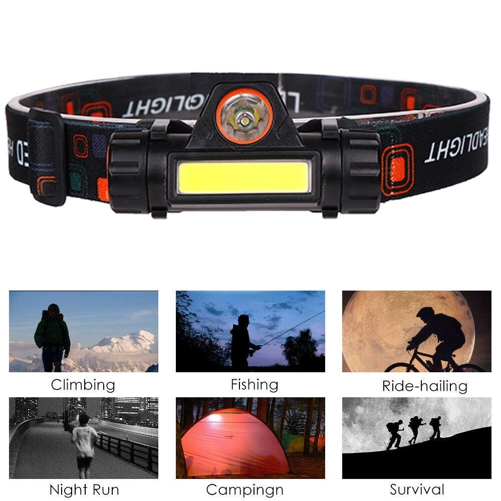 Waterproof 2 Light Mode USB LED Headlight With Magnet Rechargeable Headlamp Built-in 18650 Battery Flashlight  COB Work Light For Outdoor Camping Cycling Fishing Headlamp Flashlight