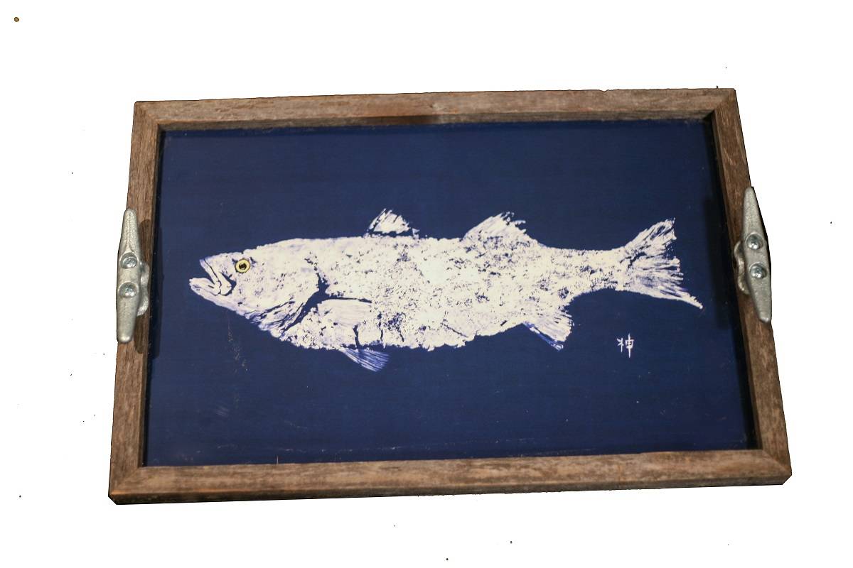 White Fish on Navy Driftwood Tray | Coastal