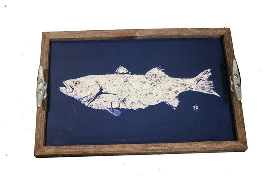 White Fish on Navy Driftwood Tray | Coastal