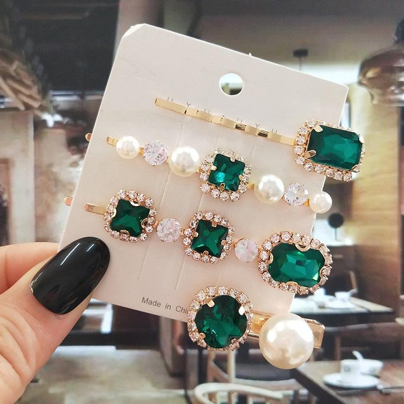 Women Hair Clips Set Jewelry Fashion Green Crystal Hair Accessories Luxury Simulation Pearl Barrette Pin For Girl Gift Ornaments Fashion Hairgrips Accessories For Party