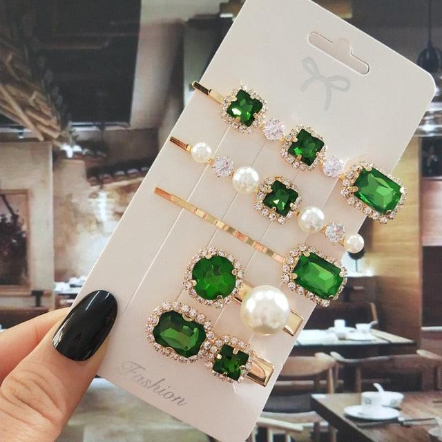 Women Hair Clips Set Jewelry Fashion Green Crystal Hair Accessories Luxury Simulation Pearl Barrette Pin For Girl Gift Ornaments Fashion Hairgrips Accessories For Party