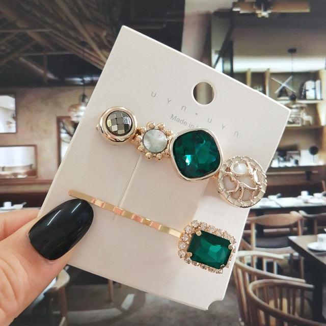 Women Hair Clips Set Jewelry Fashion Green Crystal Hair Accessories Luxury Simulation Pearl Barrette Pin For Girl Gift Ornaments Fashion Hairgrips Accessories For Party