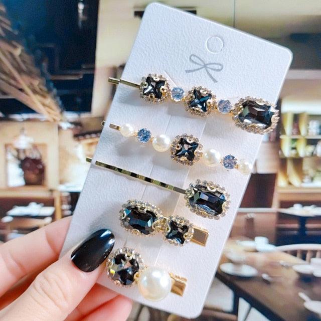 Women Hair Clips Set Jewelry Fashion Green Crystal Hair Accessories Luxury Simulation Pearl Barrette Pin For Girl Gift Ornaments Fashion Hairgrips Accessories For Party