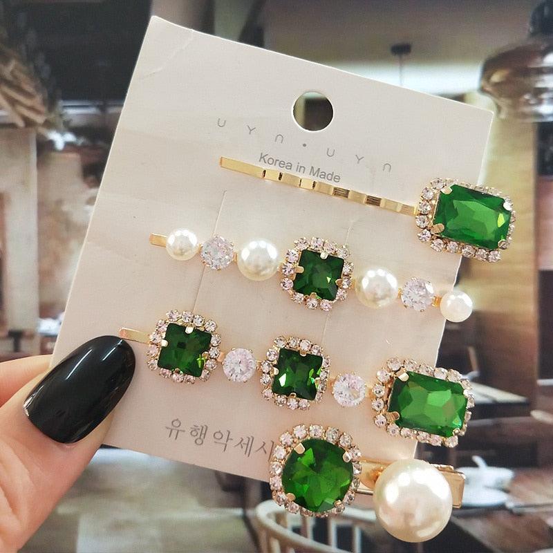 Women Hair Clips Set Jewelry Fashion Green Crystal Hair Accessories Luxury Simulation Pearl Barrette Pin For Girl Gift Ornaments Fashion Hairgrips Accessories For Party