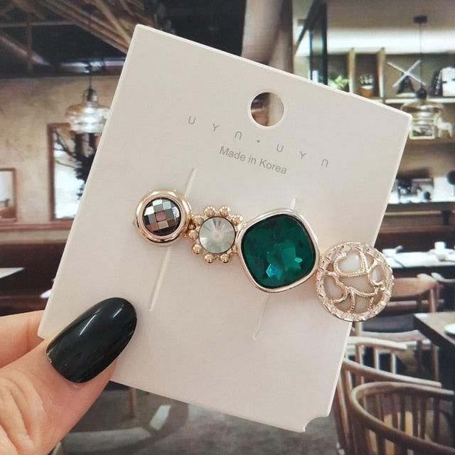 Women Hair Clips Set Jewelry Fashion Green Crystal Hair Accessories Luxury Simulation Pearl Barrette Pin For Girl Gift Ornaments Fashion Hairgrips Accessories For Party