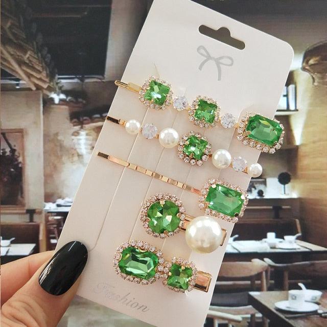 Women Hair Clips Set Jewelry Fashion Green Crystal Hair Accessories Luxury Simulation Pearl Barrette Pin For Girl Gift Ornaments Fashion Hairgrips Accessories For Party