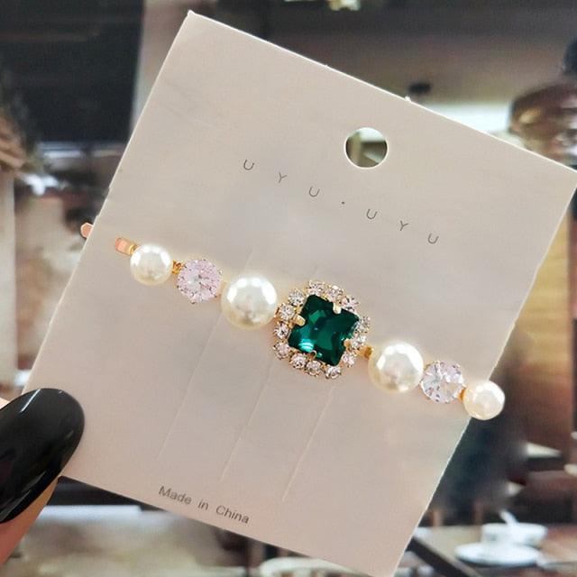 Women Hair Clips Set Jewelry Fashion Green Crystal Hair Accessories Luxury Simulation Pearl Barrette Pin For Girl Gift Ornaments Fashion Hairgrips Accessories For Party