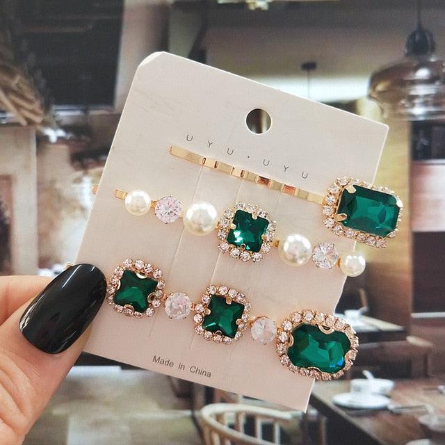 Women Hair Clips Set Jewelry Fashion Green Crystal Hair Accessories Luxury Simulation Pearl Barrette Pin For Girl Gift Ornaments Fashion Hairgrips Accessories For Party