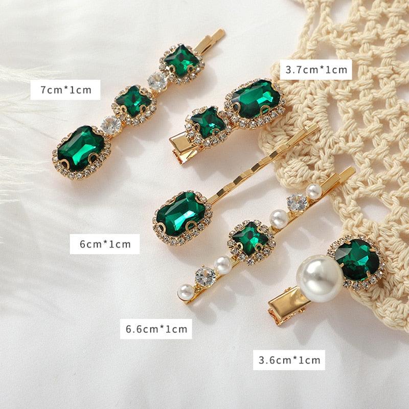 Women Hair Clips Set Jewelry Fashion Green Crystal Hair Accessories Luxury Simulation Pearl Barrette Pin For Girl Gift Ornaments Fashion Hairgrips Accessories For Party