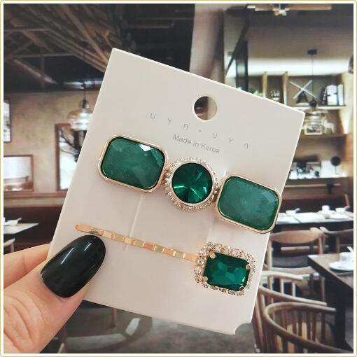 Women Hair Clips Set Jewelry Fashion Green Crystal Hair Accessories Luxury Simulation Pearl Barrette Pin For Girl Gift Ornaments Fashion Hairgrips Accessories For Party